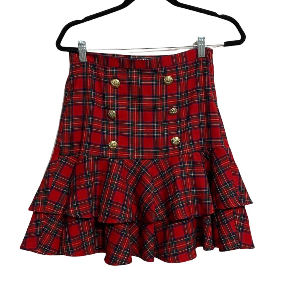 VENUS Red Plaid A-Line Ruffle Skirt